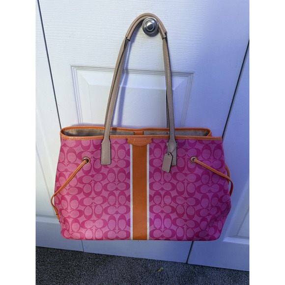 Coach Pink Signature Orange Stripe Large Carryall Handbag Purse - Picture 1 of 7